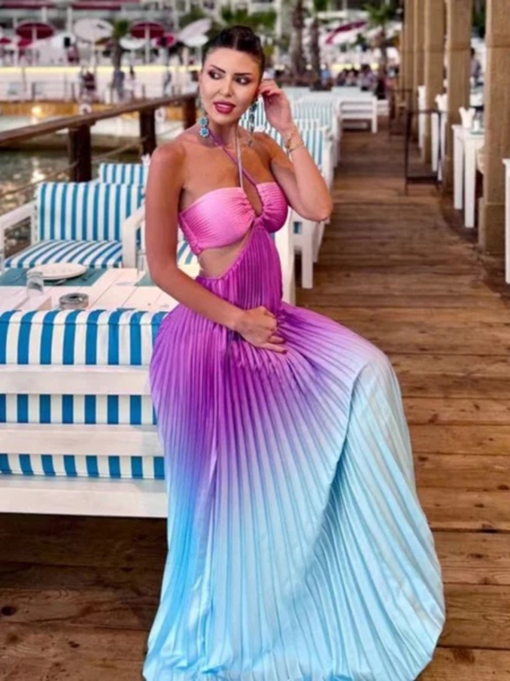 Boutique Gradient Halter Pleated Maxi Dress in Pink to Blue Ombre - Picture 3 of 9